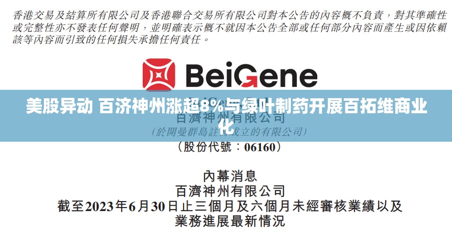 美股异动 百济神州涨超8%与绿叶制药开展百拓维商业化