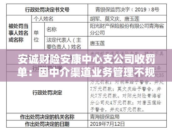 安诚财险安康中心支公司收罚单：因中介渠道业务管理不规范