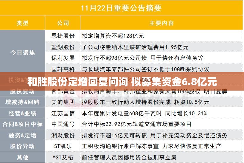 和胜股份定增回复问询 拟募集资金6.8亿元