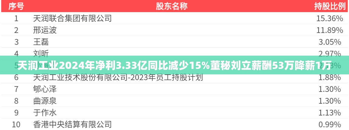 天润工业2024年净利3.33亿同比减少15%董秘刘立薪酬53万降薪1万