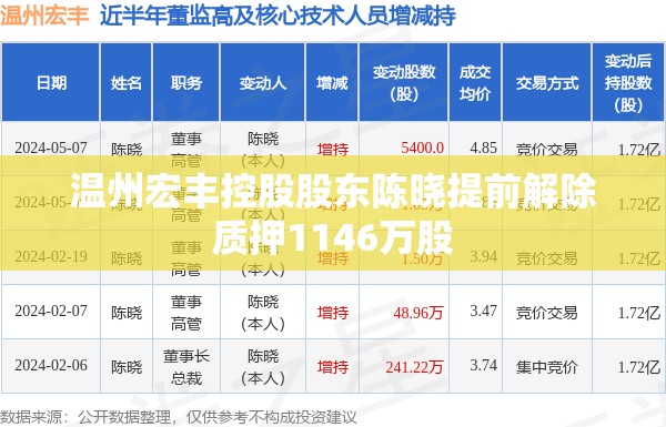 温州宏丰控股股东陈晓提前解除质押1146万股